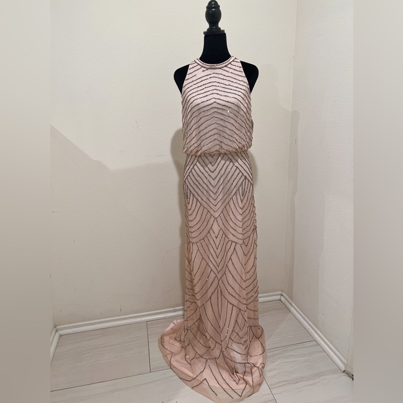 adrianna papell champagne dress Adrianna Papell Boat Neck Back Zipper 3/4 Bell Sleeves Embroidered Long Gown